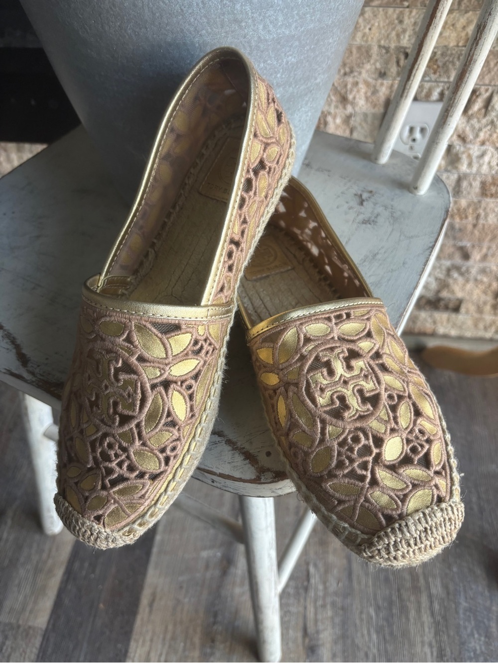 Tory Burch Gold and Tan Crochet Espadrille Slip-Ons